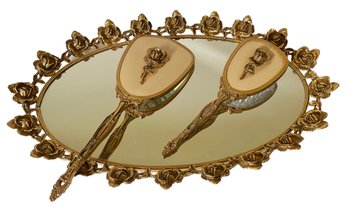 Vintage Golden Roses Mirrored Vanity Tray Set