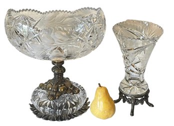 Vintage Etched Cut Crystal Centerpiece Bowl Plus Vase