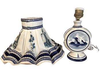 Vintage Hand Painted Delft Table Lamp With Shade