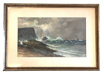 Antique Signed Watercolor And Gouache Seascape Painting