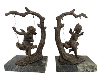 Pair Of Bronze Fairies On Swings Bookends