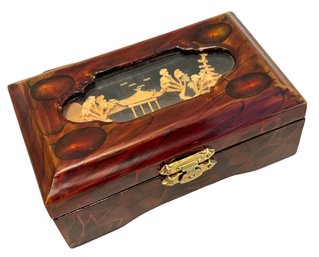 Small Chinese Lacquered Wood Trinket Box With Miniature Carved Diorama