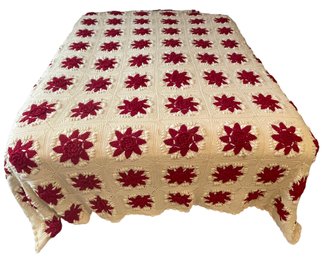 Hand Made Large Crochet Burgundy Flower Coverlet