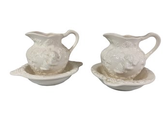 Lefton White Pitcher And Bowl,with  Cherub Motif , Lefton H3570 Pitchers For Cream