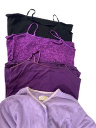 3 Spaghetti Strap Tank Tops  2 Purple A Black And Lavender With Cover Up Used