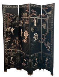 Sensational Japanese Four Panel Folding Screen - Carved Soapstone, Nephrite, Mother Of Pearl
