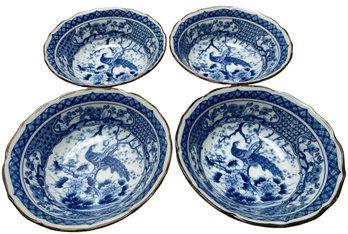 Four Vintage Japanese Round Bowls With Peacock Pattern