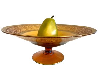 Vintage Etched Amber Glass Pedestal Bowl With Gilded Rim