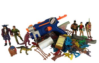 Group Of Action Figures Including Batman, Nerf Gun