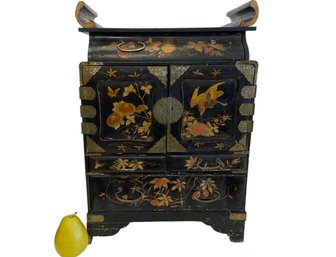 Vintage Black Lacquer Asian Hand Painted Jewelry Box