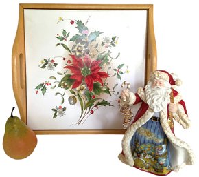 Vintage Christmas Poinsettia Tray And Music Box Santa