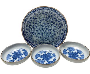 Four Piece Vintage Japanese Blue And White Round Platter And Bowls
