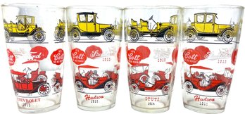 Four Vintage Cott Soda Glasses Featuring Classic Cars