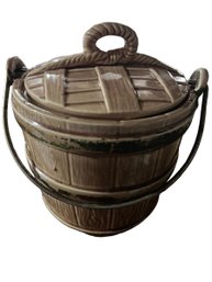Basket Woven Ceramic Cookie Jar With Metal Handle