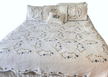 Vintage Embroidered Quilted King / Queen Coverlet Set