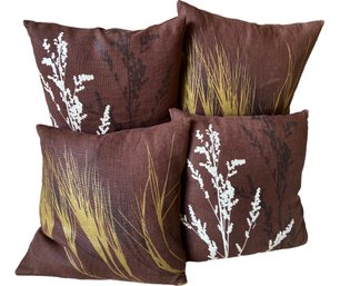 Four Botanical Painted Brown Linen Throw Pillows By Amity