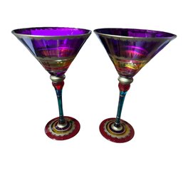 Eclectic Pair Of Multi-colored Martini Glasses With Gold Leaf Trim