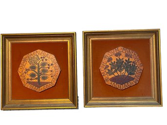 Pair Of MCM Framed Folk Art Latin Herbology Painted Wood Plaques. 16' X 16'
