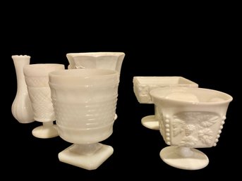 6 Milk Glass Vases A Square One With Roses