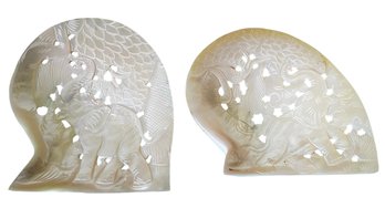 Pair Of Antique Hand Carved Chinese Mother Of Pearl Shell With Elephants