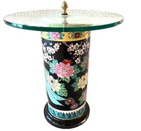 Chinese Ceramic Glass Topped Column Accent Table