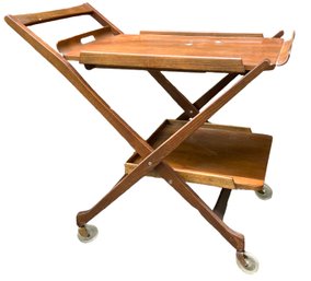 Fantastic 1960s MCM Folding Teak Bar Cart With Serving Tray