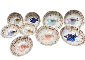 Fantastic Tajimi Japanese Hand Painted Fish Porcelain Nine Piece Bowl Set