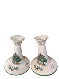 Pair Of Vintage Spode Ceramic Christmas Motif Candlesticks