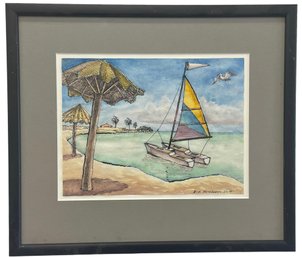 Original Watercolor 'Sailboat On Tropical Beach' 2014 By Daniel Rosner