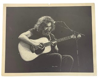 Vintage Black & White Lithograph Of Jerry Garcia Plating Guitar By Doug Stein