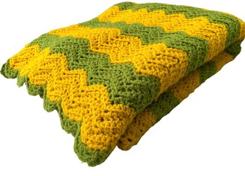 Vintage Hand Crocheted Mustard And Green Blanket