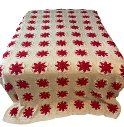 Hand Made Large Vintage Crochet Red Flower Coverlet
