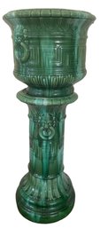 1914 Brush McCoy Green Onyx Majolica Pottery Lion Tall Jardiniere Pedestal