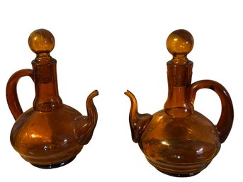 Fabulous Pair Of Vintage Amber Glass Decanter Pitchers With Ball Stopper