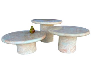 Incredible Vintage Mushroom Side Table Trio In White And Peach Marble