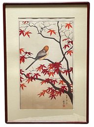 Signed Japanese Watercolor Print Of Bird In Tree (K)