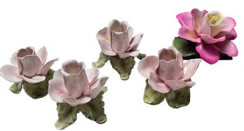 Collection Of Italian China Rose Candle Holders Plus A Rose Sculpture