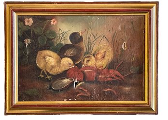 Small Signed Antique Oil On Canvas Of Chicks