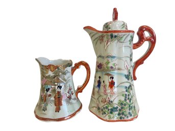 Vintage Hand Painted Japanese Porcelain Coffee Pot And Pitcher