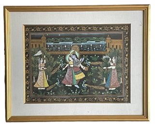 Vintage Indian Silk Painting 'Krishna Scene'
