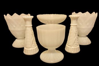 6 Milk Glass Items 2 Matching Pairs Of Vases