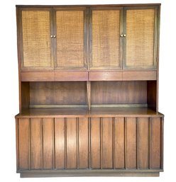 Mid Century Walnut Console With Caned Doors