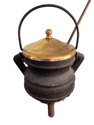 Vintage Cast Iron Fondue / Boiling Pot With Brass Lid And Utensil