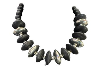 Chunky Metallic Silver And Black Beaded Necklace