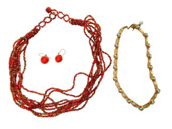 Trifari And Beaded Neckpieces With Earrings - 3 Pieces