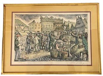 Vintage 'Old Jewish Market' Lithograph By Listed Artist Chaim Goldberg (D10)