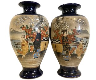 A Pair Of Antique Satsuma Hand Painted Vases