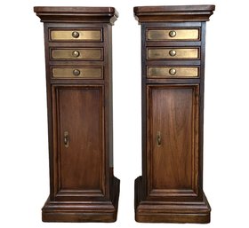 Pair Of Wooden Storage Pedestals With Burnished Brass Top And Accents