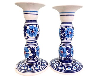 A Pair Of Handmade Ceramic Candle Holders Lapithos, Cyprus 6.5'