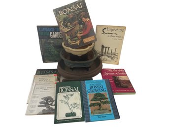 Collection Of Vintage Bonsai Planters And Books